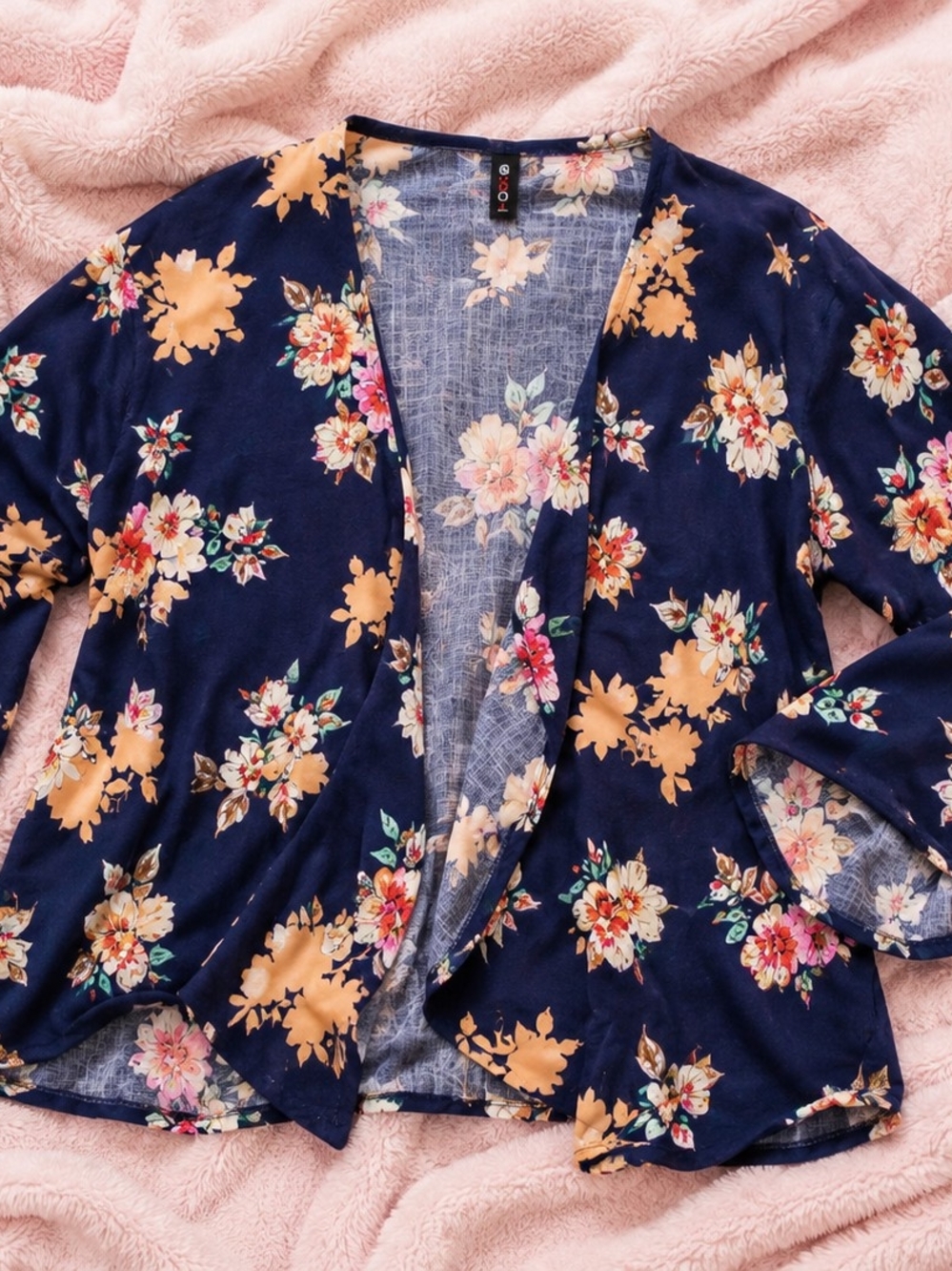 Floral Open-Front Cardigan in Navy and Mustard